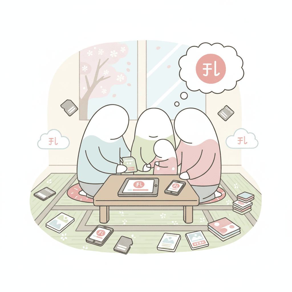 SDカードやスマホのストレージ容量がいっぱいになって警告が出ている様子のフラットイラスト