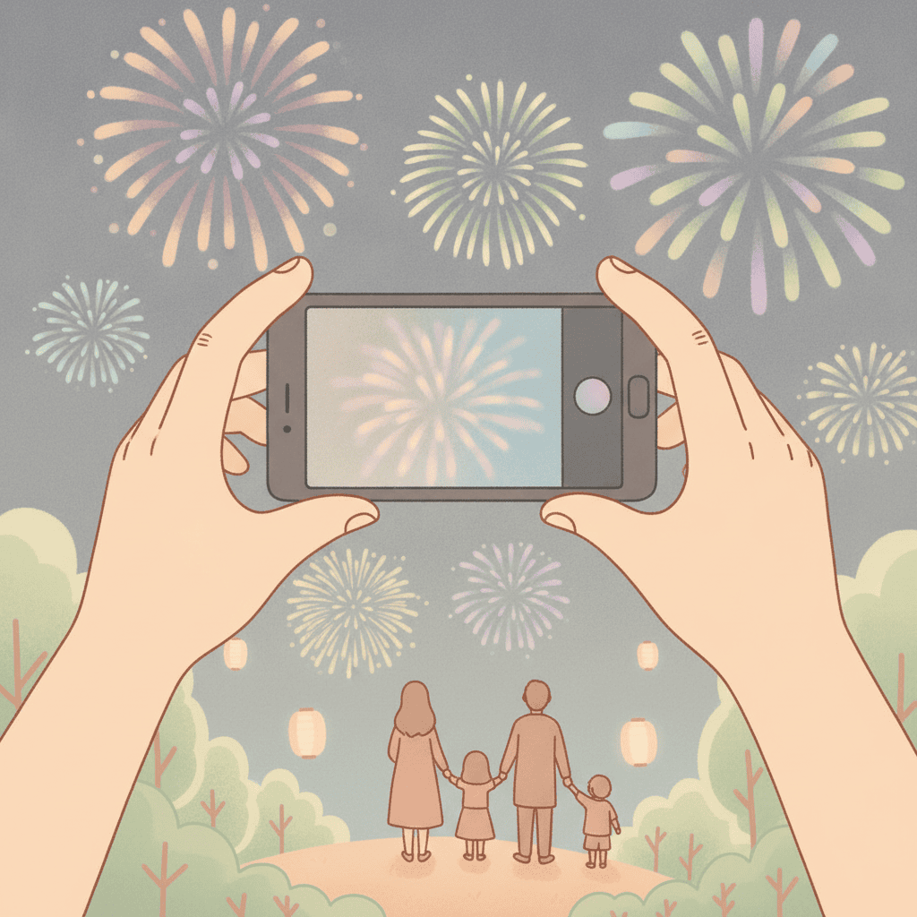 花火大会でスマホを両手で構えているが手ブレしている様子を表すイラスト