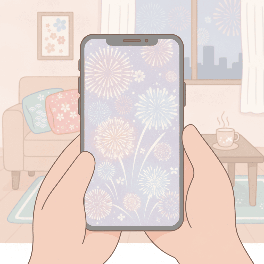スマホの画面に花火が大きく綺麗に写っている様子のイラスト