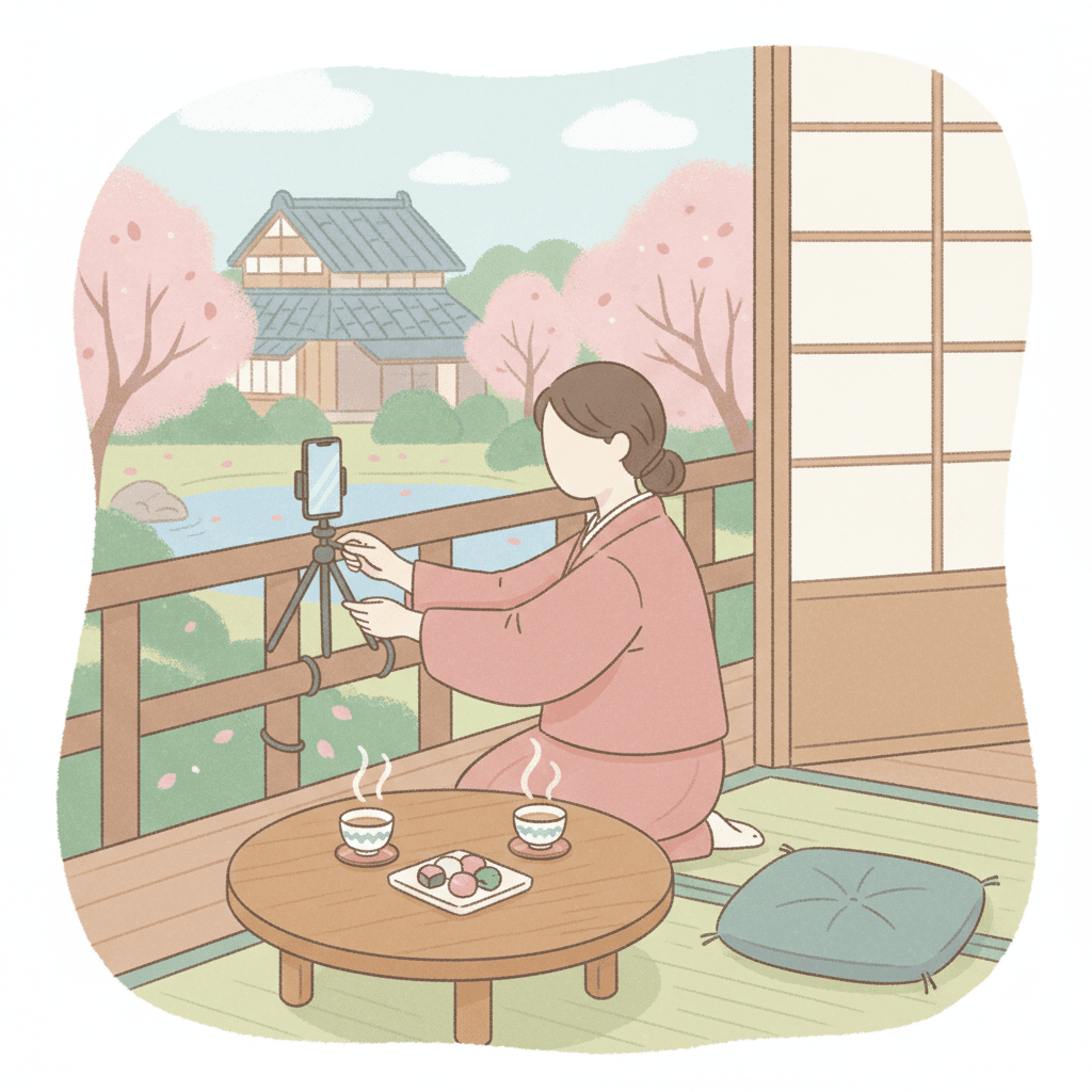 柵に巻き付けた小さなフレキシブル三脚にスマホを固定している様子のイラスト