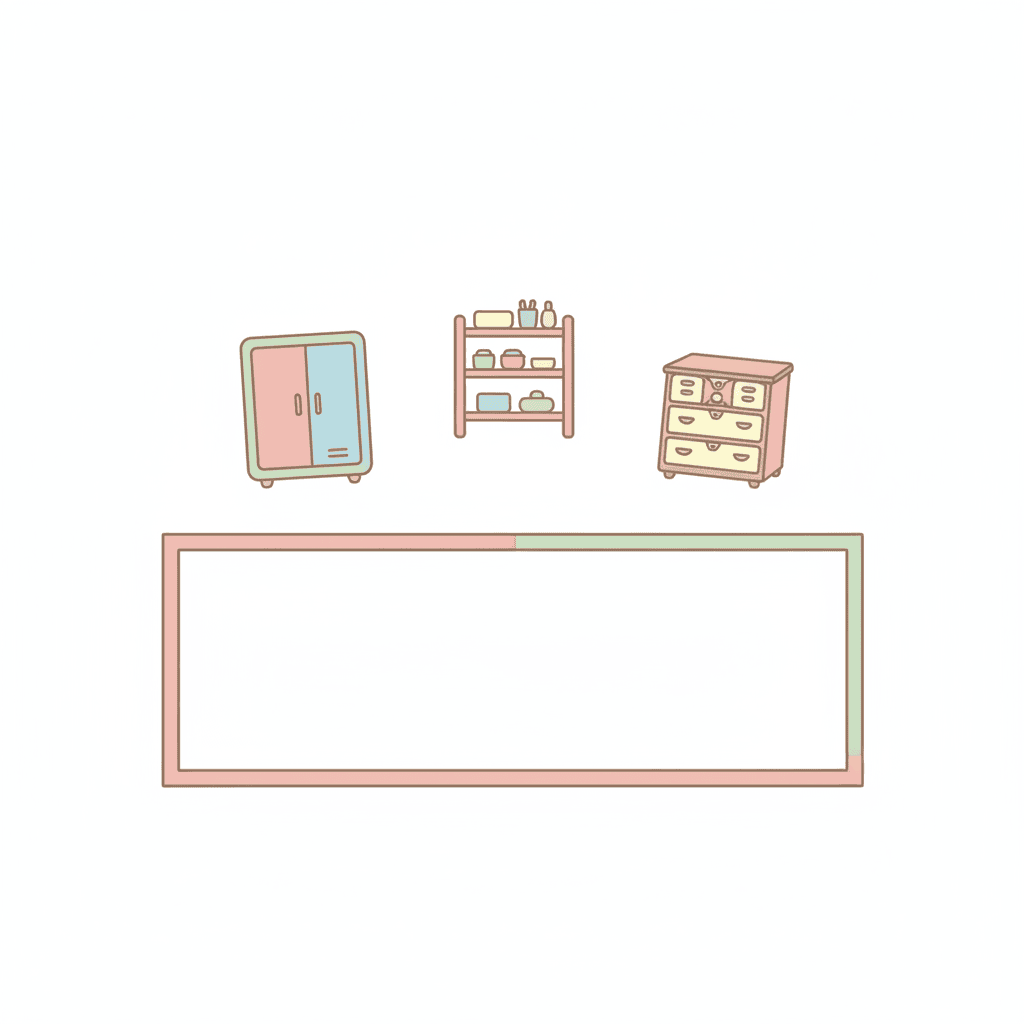 平屋の間取りをイメージした図の上に収納家具のアイコンがいくつか並んでいるイラスト