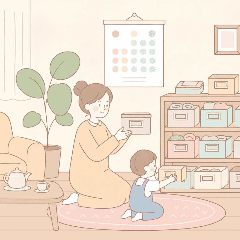 カレンダーの前でラベル付きの収納ボックスを整理している親子のイラスト