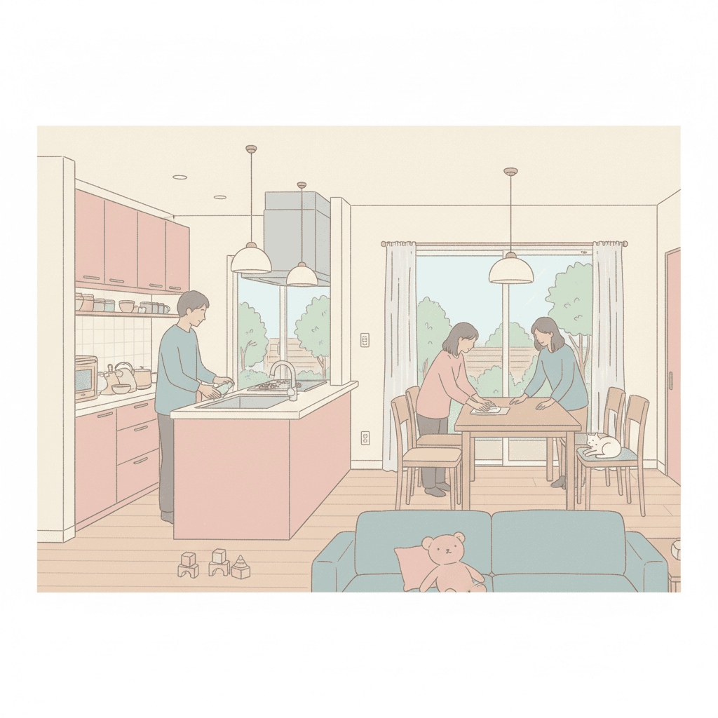 平屋の対面キッチンとダイニングテーブルを見渡せる間取りのイラスト。人物のシルエットで家事をしながら見守る様子
