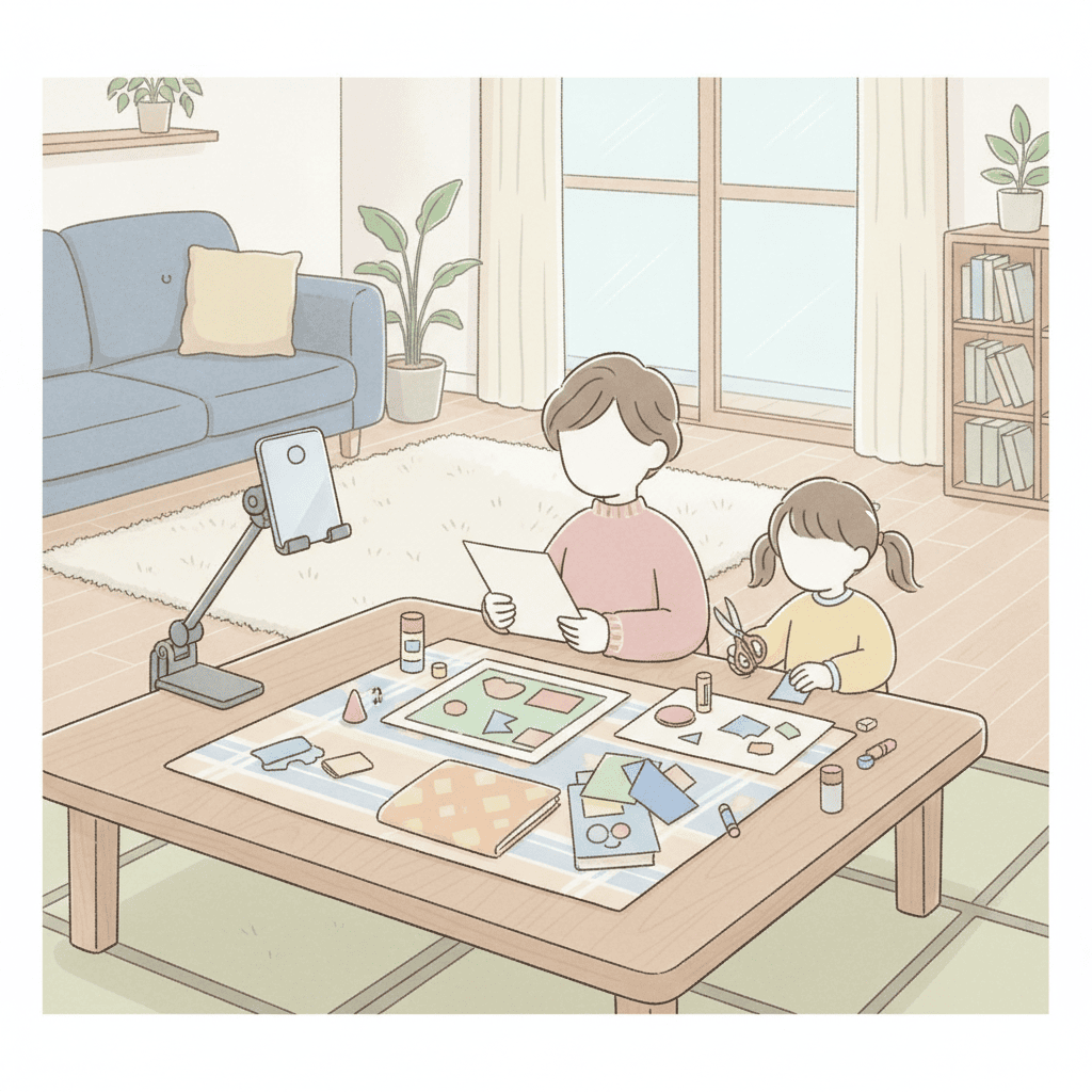 リビングのテーブルの端にクリップ式のスマホスタンドを取り付け、工作の様子を撮影しているイラスト。文字なし
