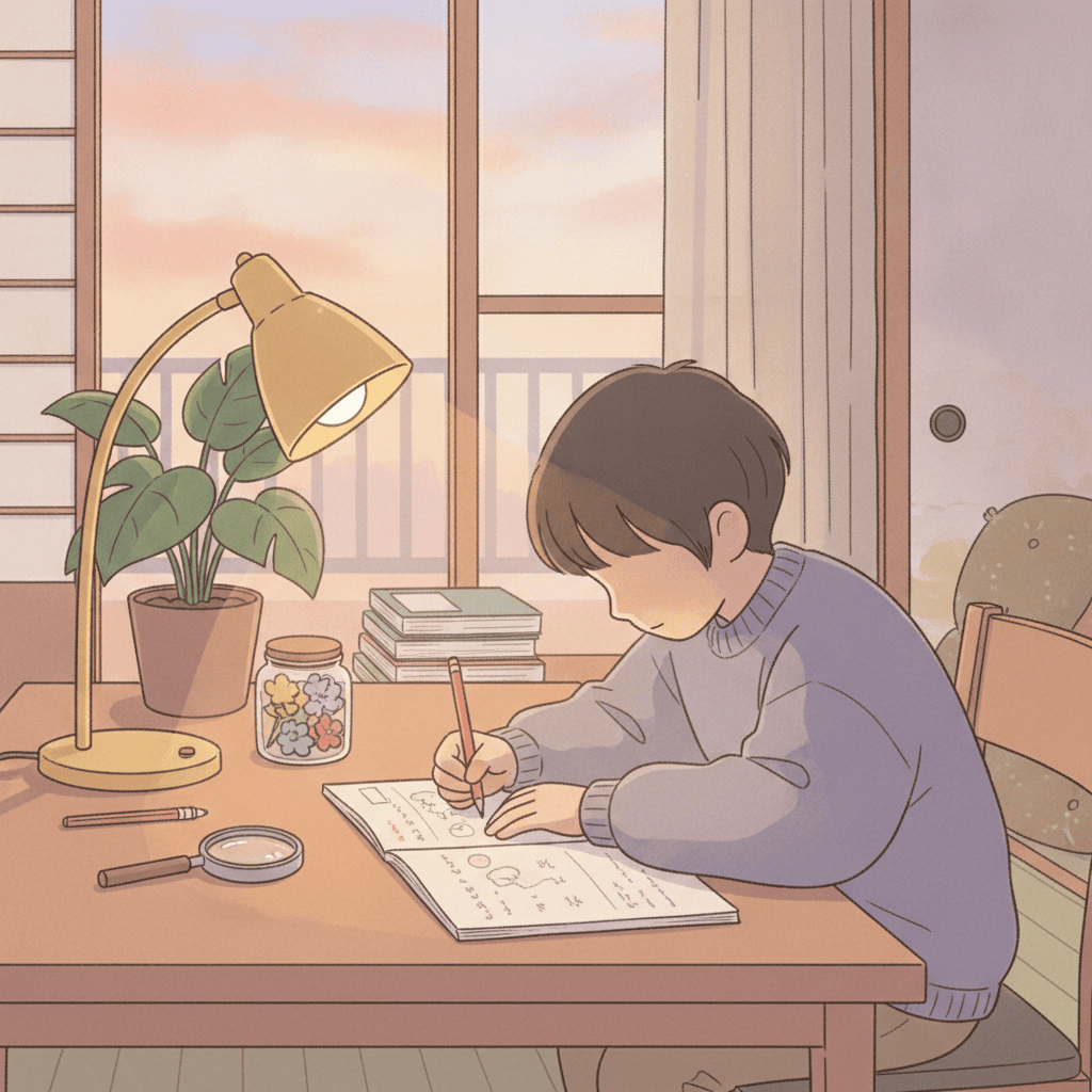 ダイニングテーブルの上にデスクライトが置かれ、子どもが観察日記を書いている様子のイラスト。夕方の柔らかい光。文字なし