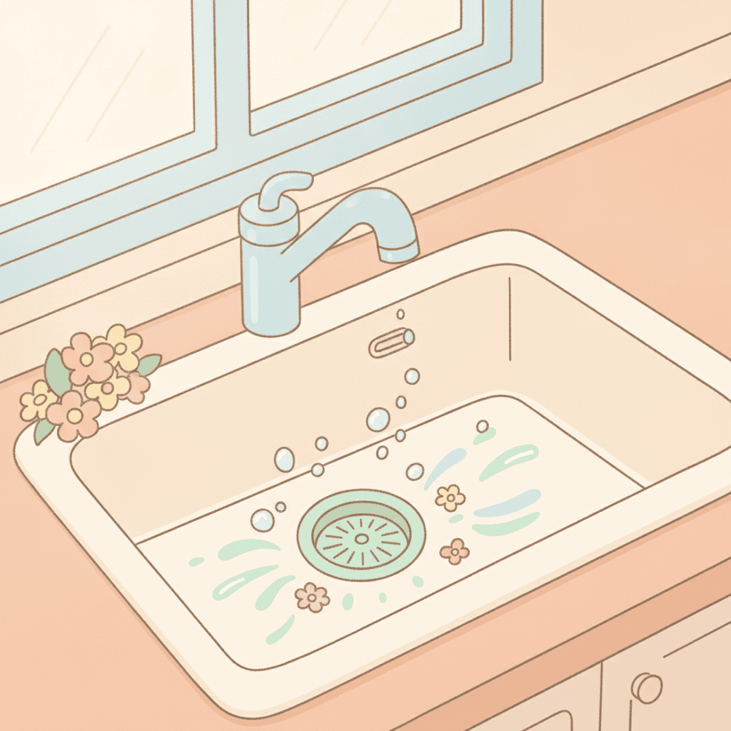 シンクと排水口まわりを描いた、やわらかい色合いのイラスト。汚れや雑菌そのものは生々しく描かず、水滴や清潔感を感じさせる構図。文字は入れない