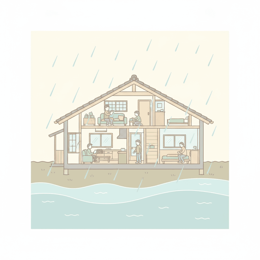 平屋の断面イメージと、大雨で水位が上がってくる様子を表した、やわらかいフラットイラスト。文字なし