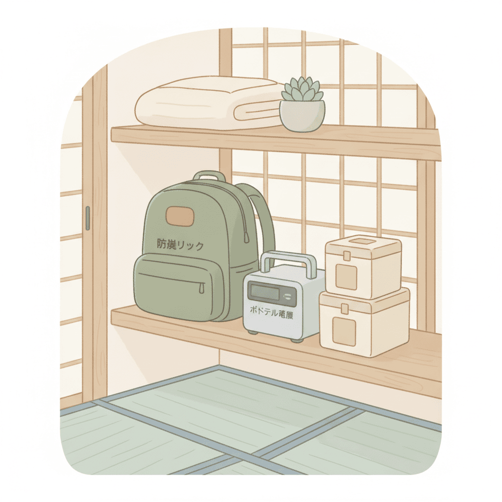 玄関の収納棚の一角に、防災リュックとポータブル電源、簡易トイレがまとめて置かれている様子。やわらかいフラットイラスト。文字なし