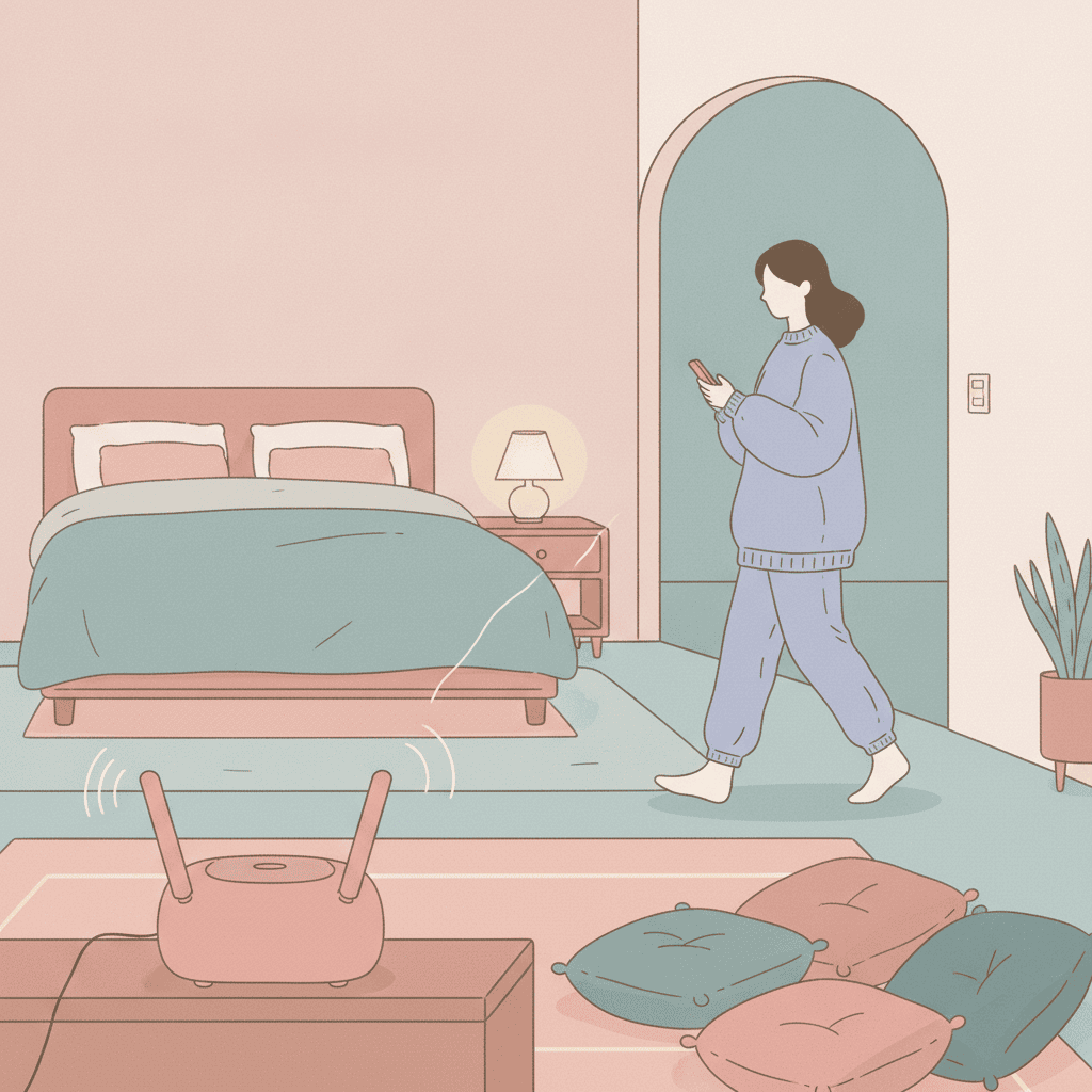 リビングにあるルーターから寝室に向かって、スマートフォンを持って移動する人物のシルエットイラスト。文字は入れない