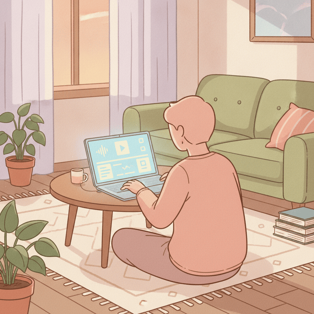 ノートパソコンで動画編集をしている後ろ姿のシルエットイラスト。画面には波形やタイムラインのアイコンが見える。文字は入れない