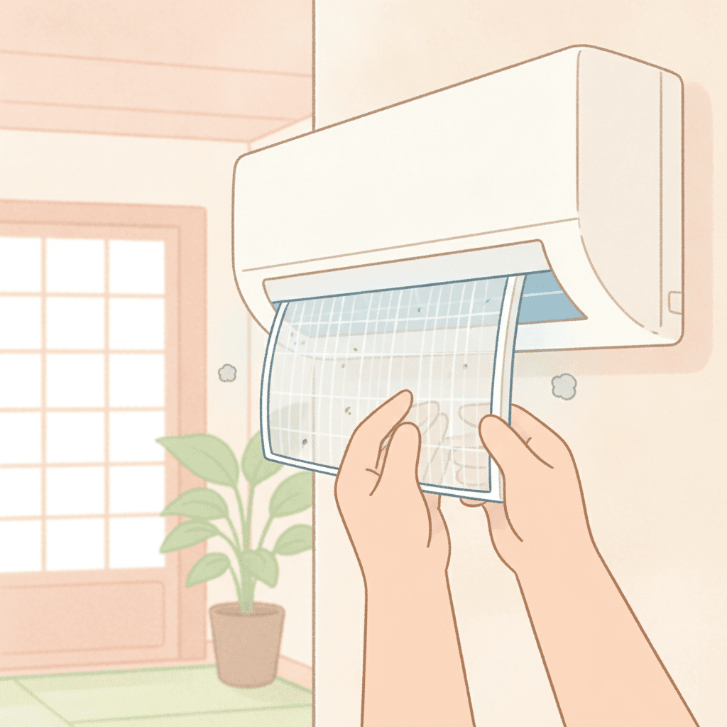 エアコンのフィルターを取り外して掃除している手元のイラスト、やわらかい色合いのフラットイラスト