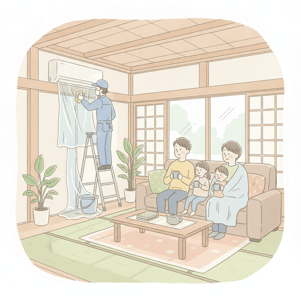 平屋のリビングでエアコンクリーニング業者が作業しているのを見守る家族のイラスト、やわらかい色合いのフラットイラスト