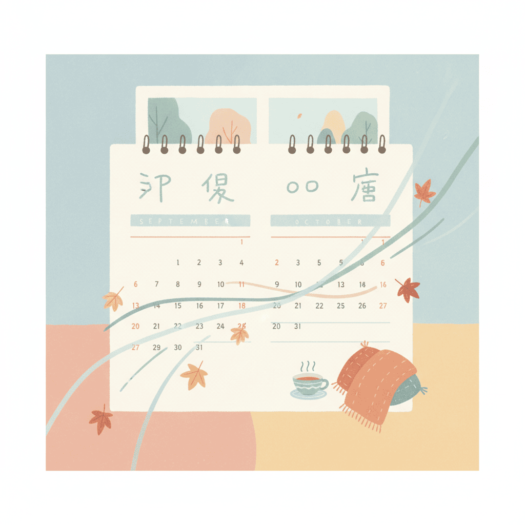 カレンダーの9月〜10月のページに、涼しい風を表す軽やかな線が描かれているイラスト
