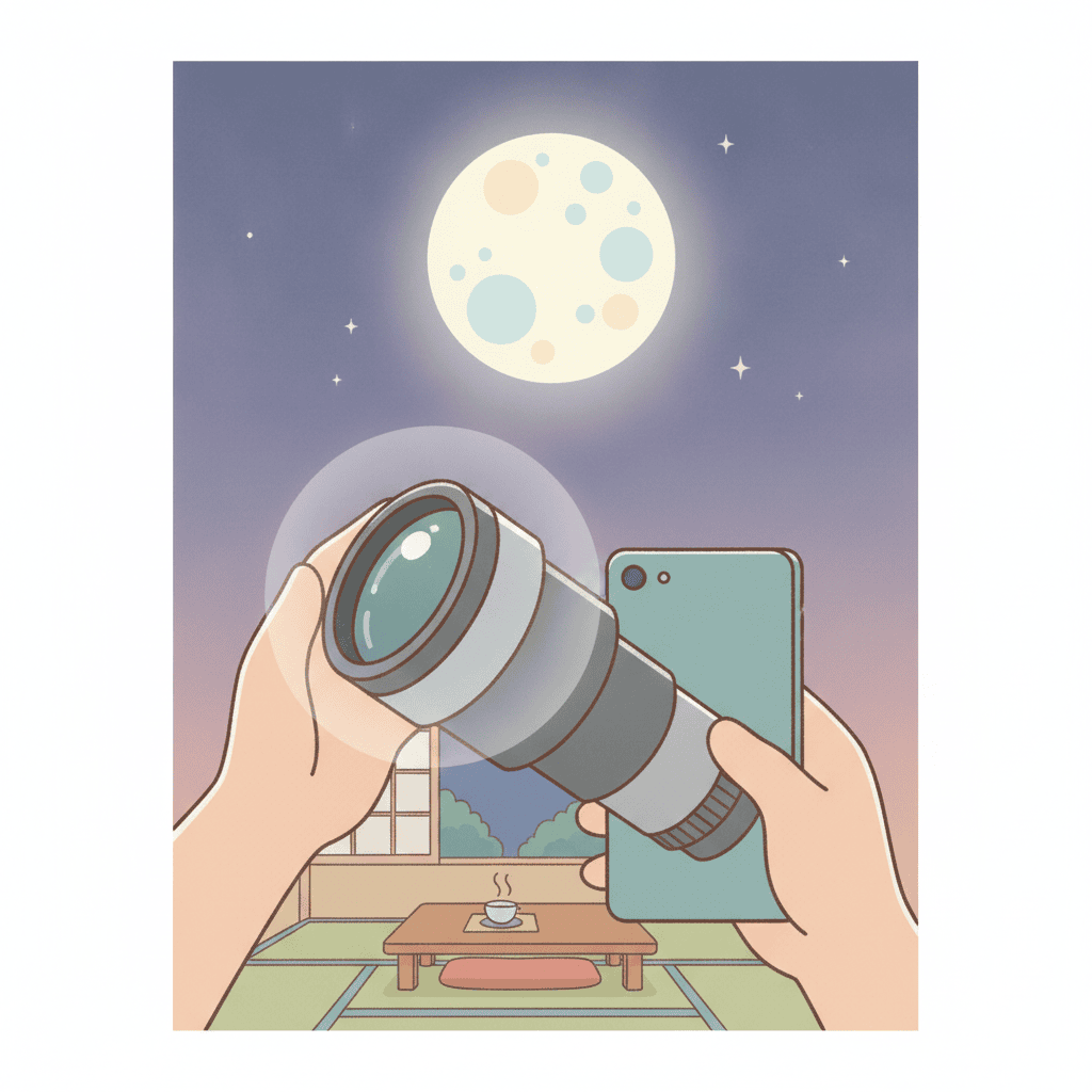 スマートフォンに望遠レンズを装着して夜空の月を撮影している手元のフラットイラスト