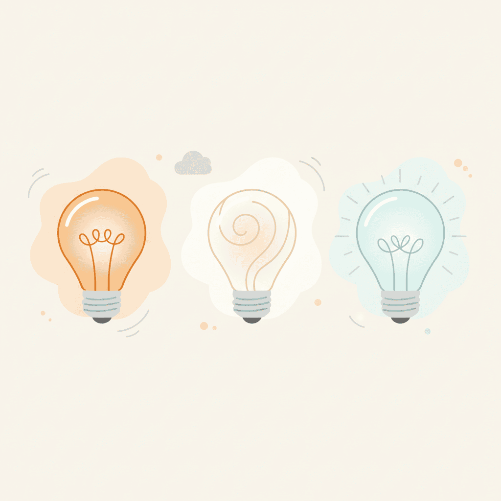 オレンジ色・白色・青白い色の3つの電球アイコンが並んでいる、シンプルなフラットイラスト