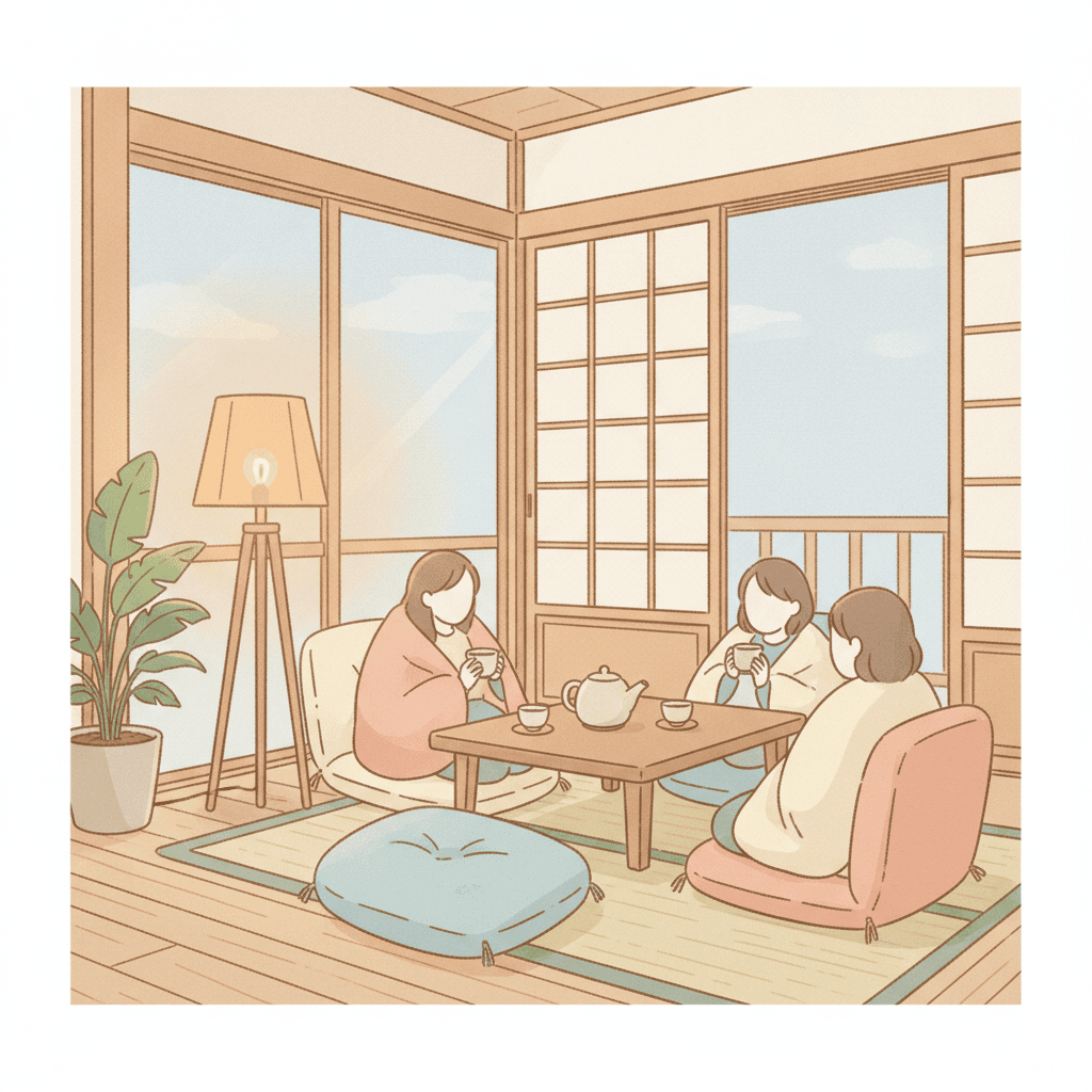 平屋のリビングの一角、暖色の電球色スタンドライトがひとつだけ灯っている落ち着いた雰囲気のイラスト