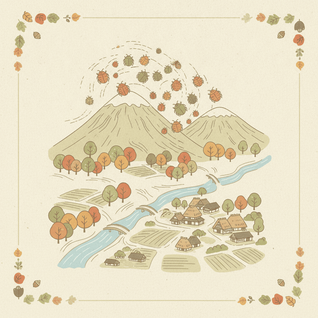 秋の山から人里に向かって飛んでいくカメムシたちを、地図のようなイラストで表現。文字なし。