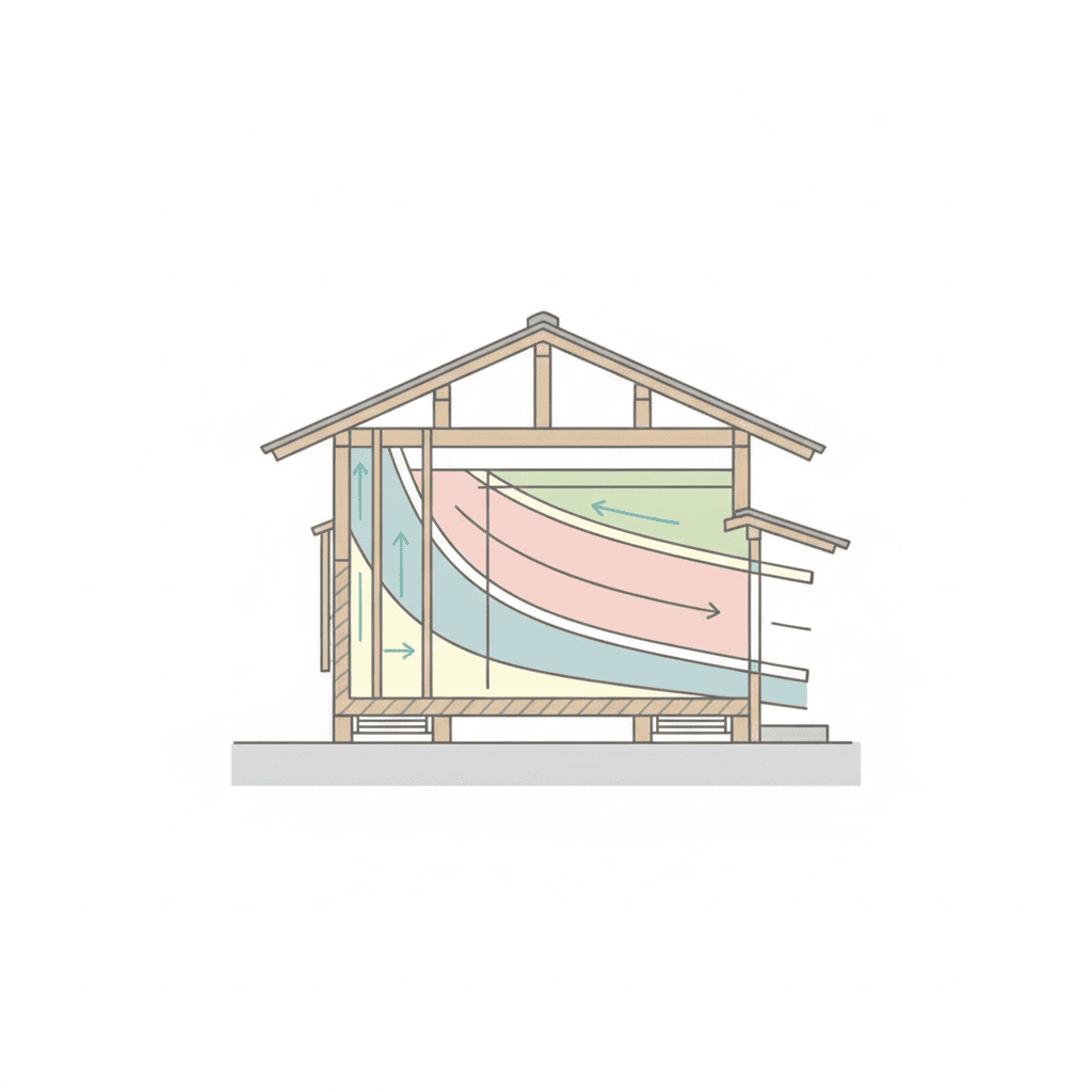 平屋の外壁の断面図のような、隙間や換気口を強調したシンプルなイラスト。文字なし。
