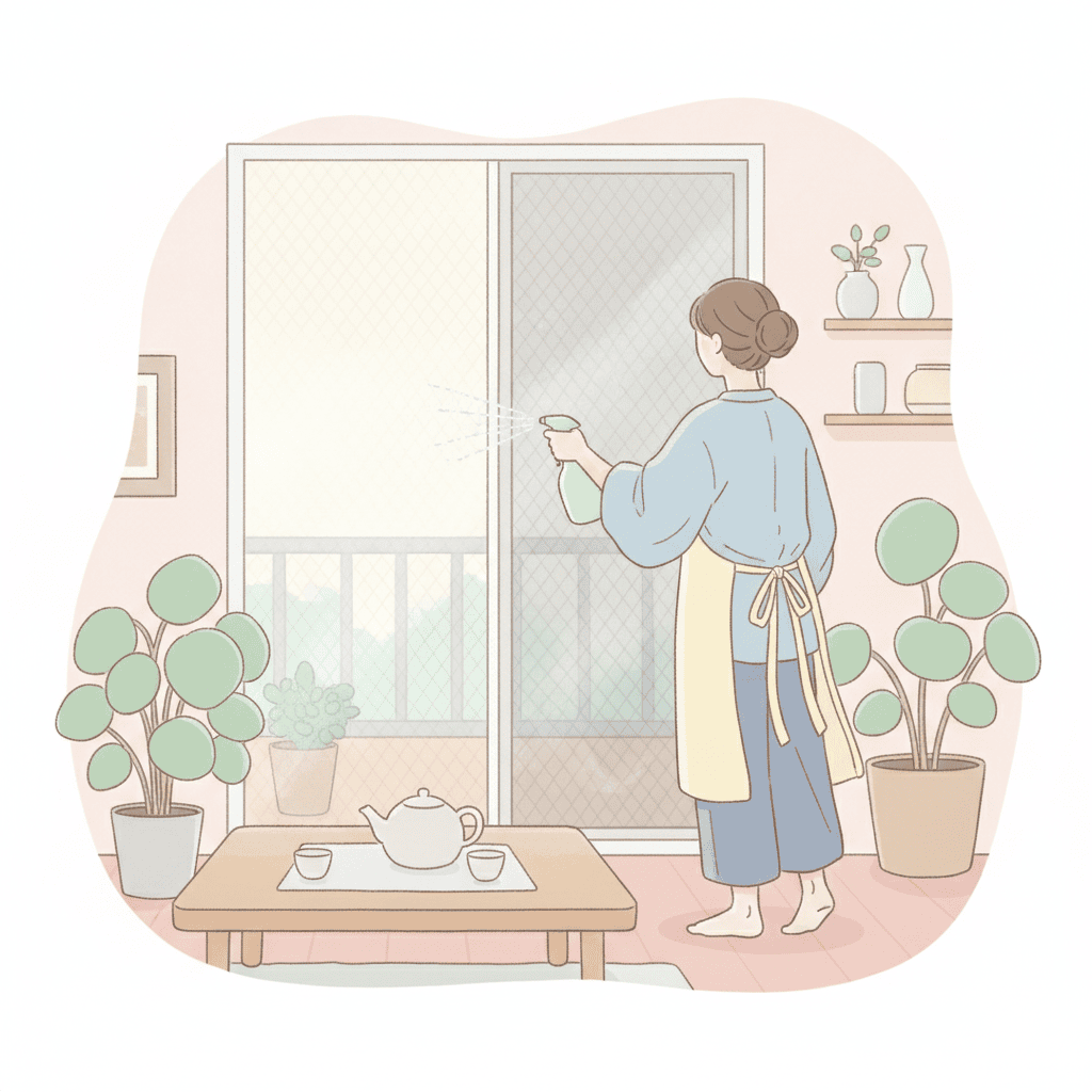 網戸にスプレーを吹きかけている後ろ姿のイラスト。文字なし。