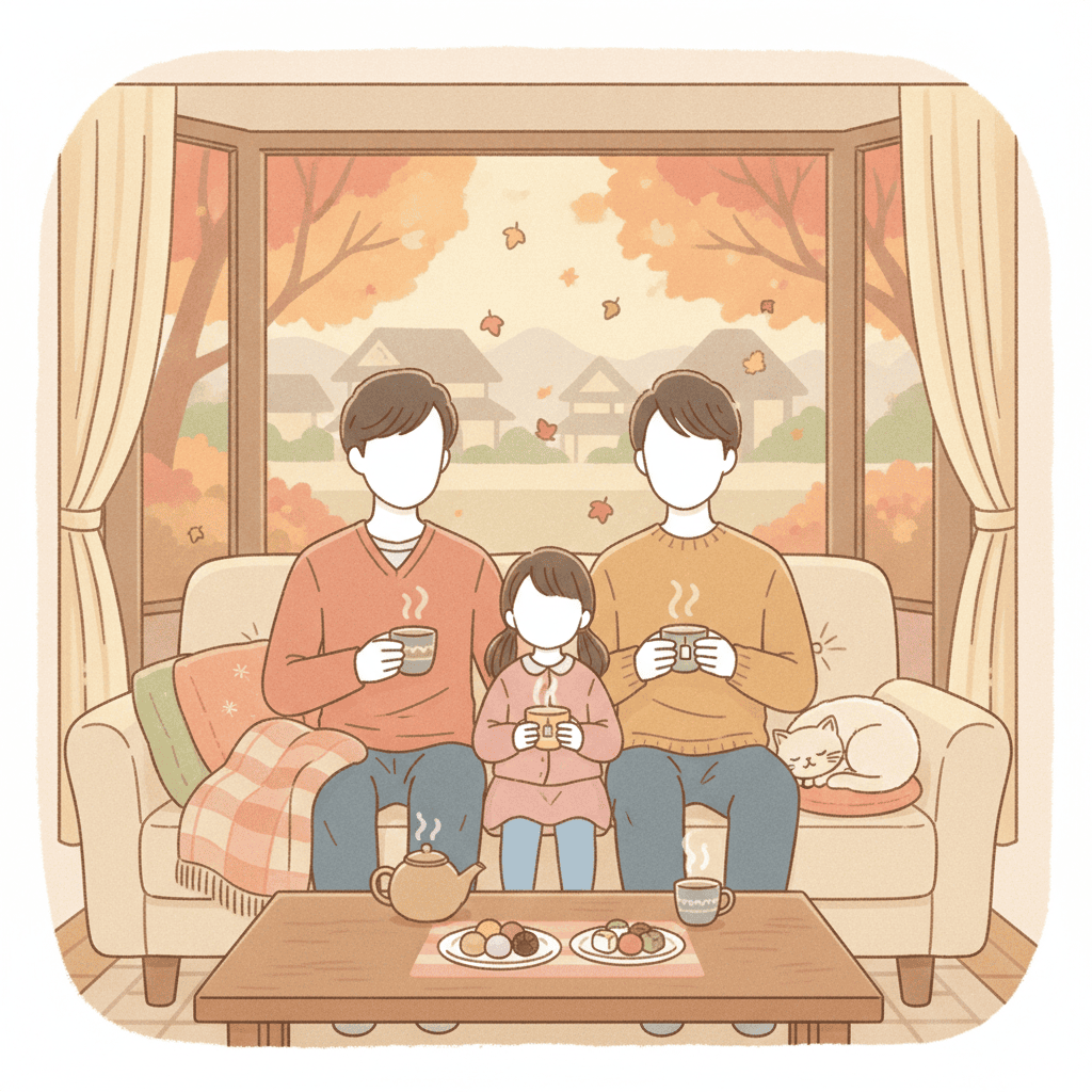 家族が窓辺でお茶を飲みながらくつろいでいる、秋らしい色合いのイラスト。文字なし。