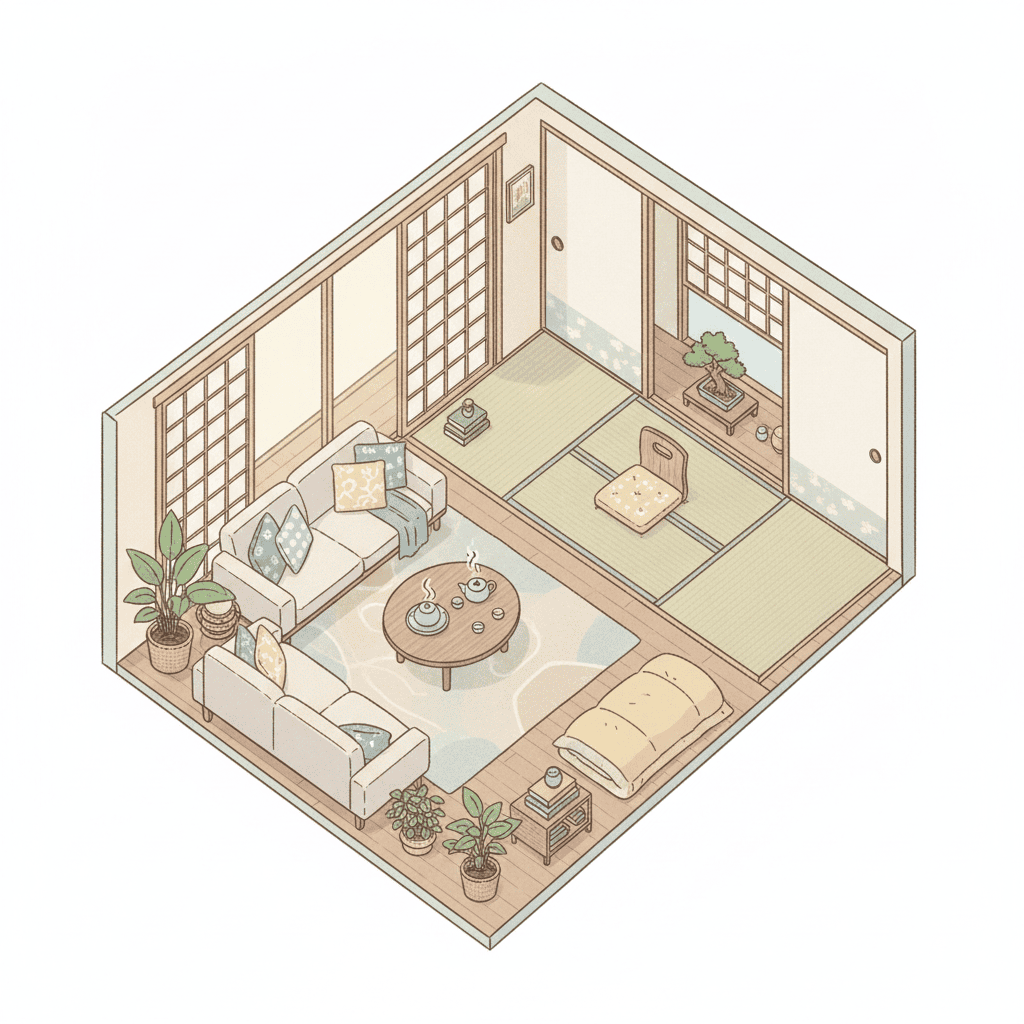 平屋の間取り図ではなく、リビングと隣の部屋がひと続きになっている様子を俯瞰したフラットイラスト