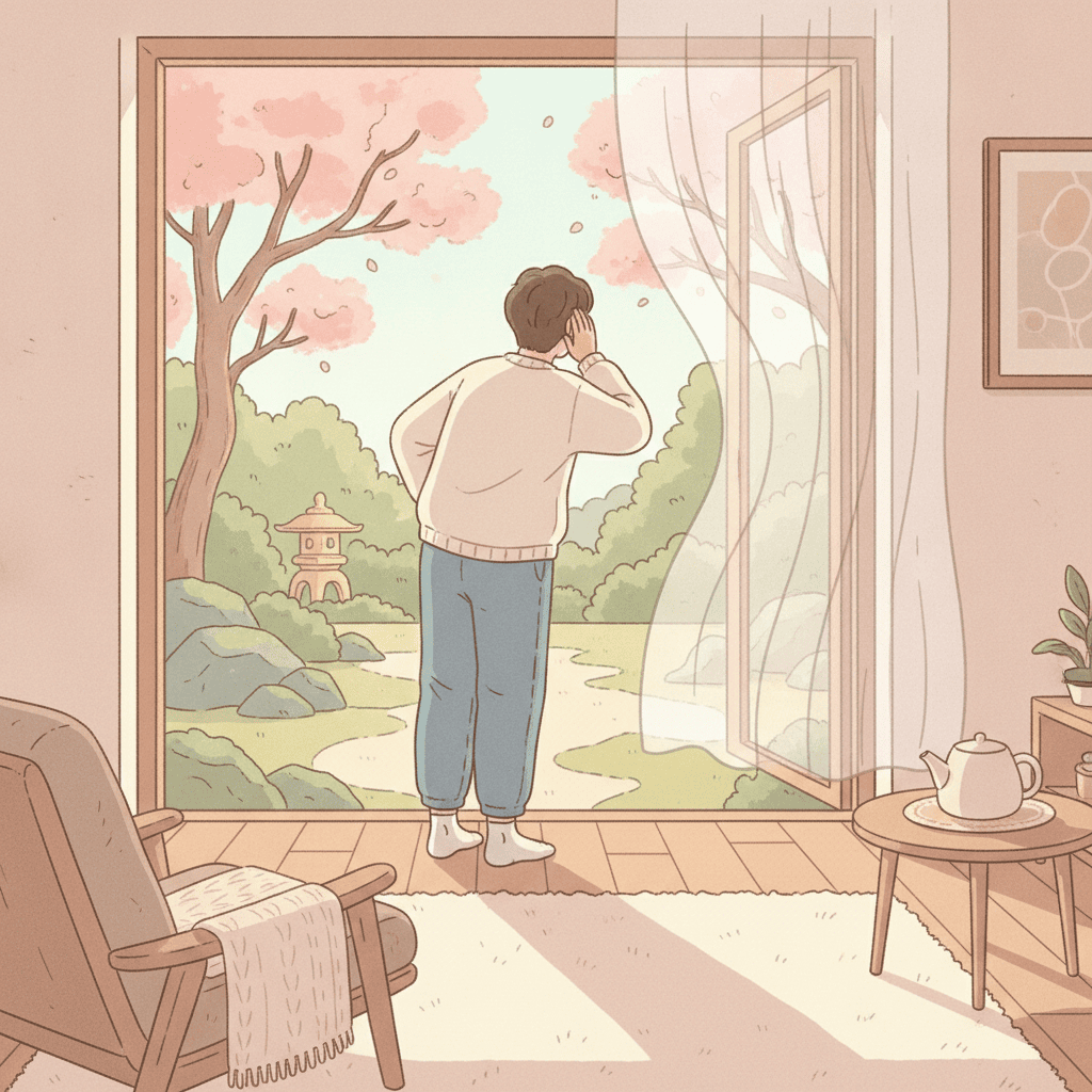 リビングの窓を開けて庭の方向へ耳をすませる後ろ姿のイラスト。文字は入れない