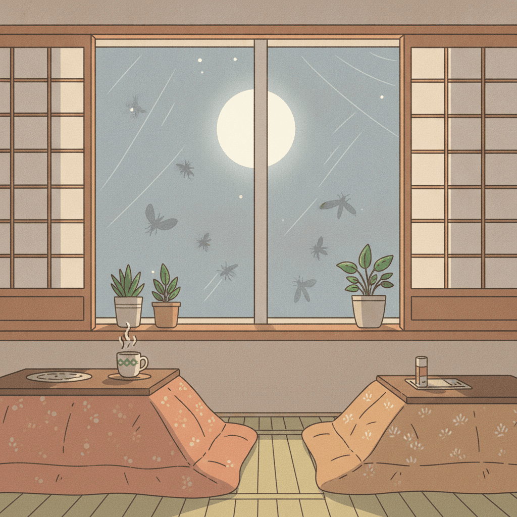 リビングの窓辺、網戸の外にほのかな月明かりと虫のシルエットが見える、やわらかいイラスト。文字は入れない