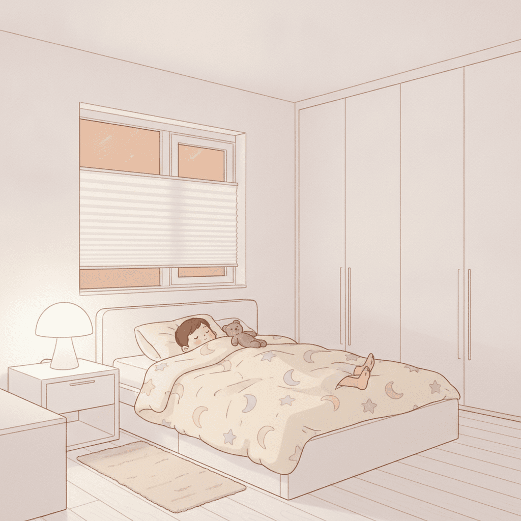 秋の夜、白を基調とした子ども部屋で、布団が少しずれて眠っている子どもの様子
