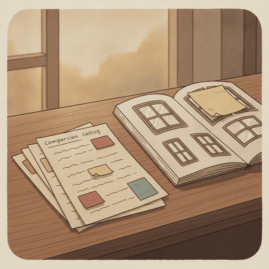 机の上に広げた比較メモと、窓のカタログ。付箋が貼られている。ノスタルジックな雰囲気。文字なし