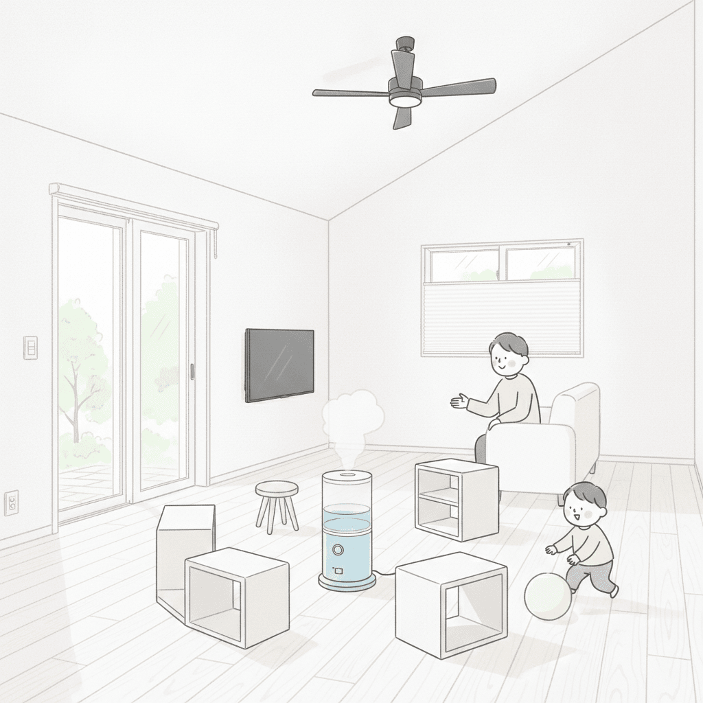加湿器の周りに安全柵のように椅子や棚を配置し、子どもが近づかないようにしているリビングのイラスト(人物は抽象的)