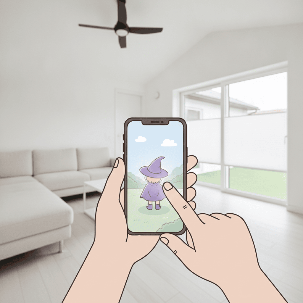 スマートフォンの画面をタップしてピントと明るさを合わせている手元のイラスト。画面には小さな魔女の子どもの後ろ姿。文字は入れない