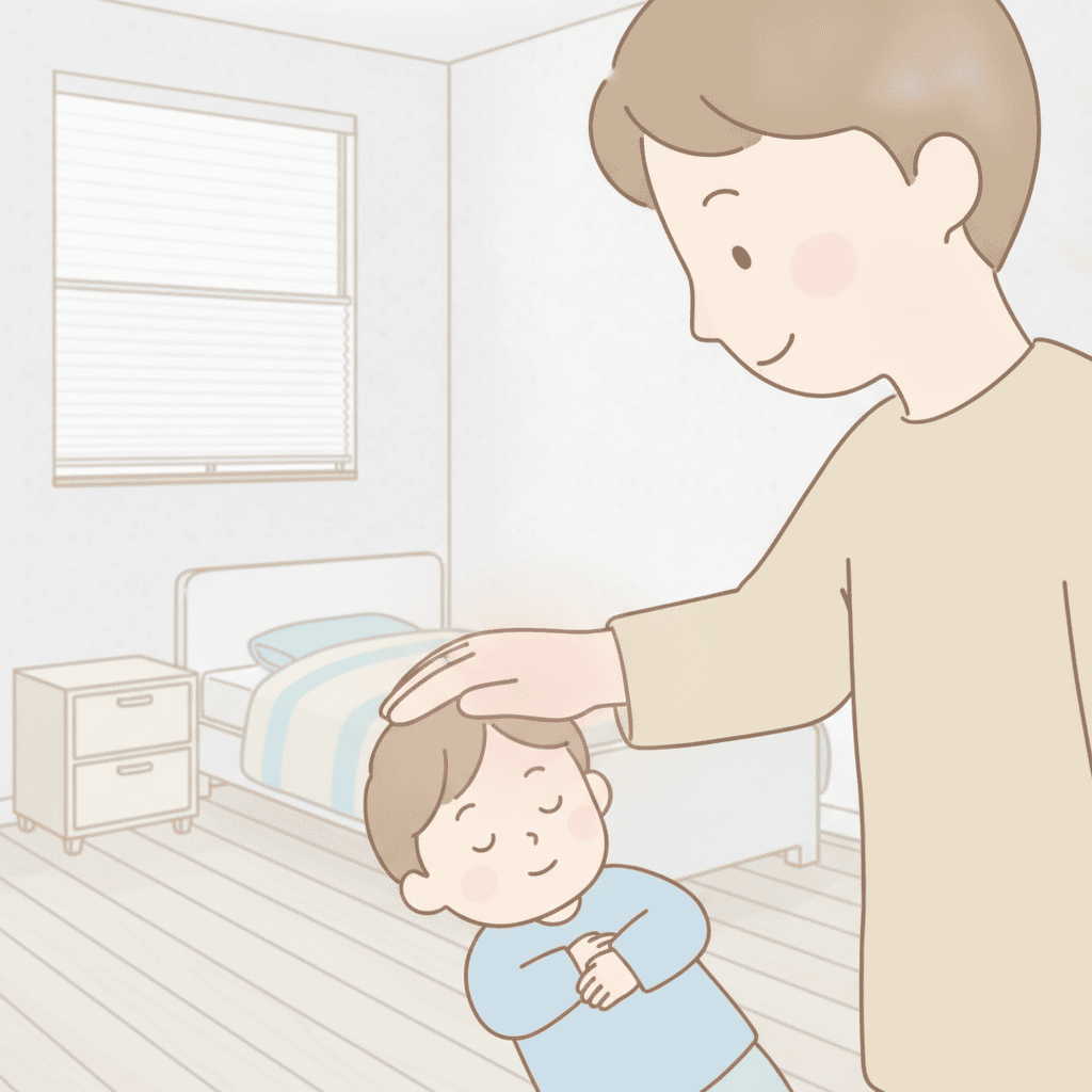 子どもの額に手を当てて熱を確かめる親の手元のイラスト、やさしい色合い