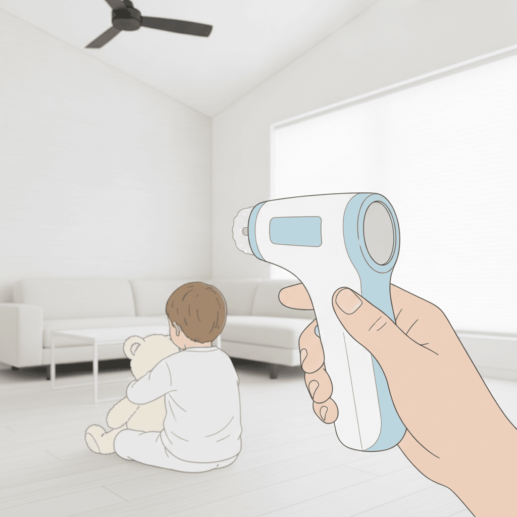 耳式体温計を手に持つ大人の手元と、背景でぬいぐるみを抱えた子どもの後ろ姿のイラスト