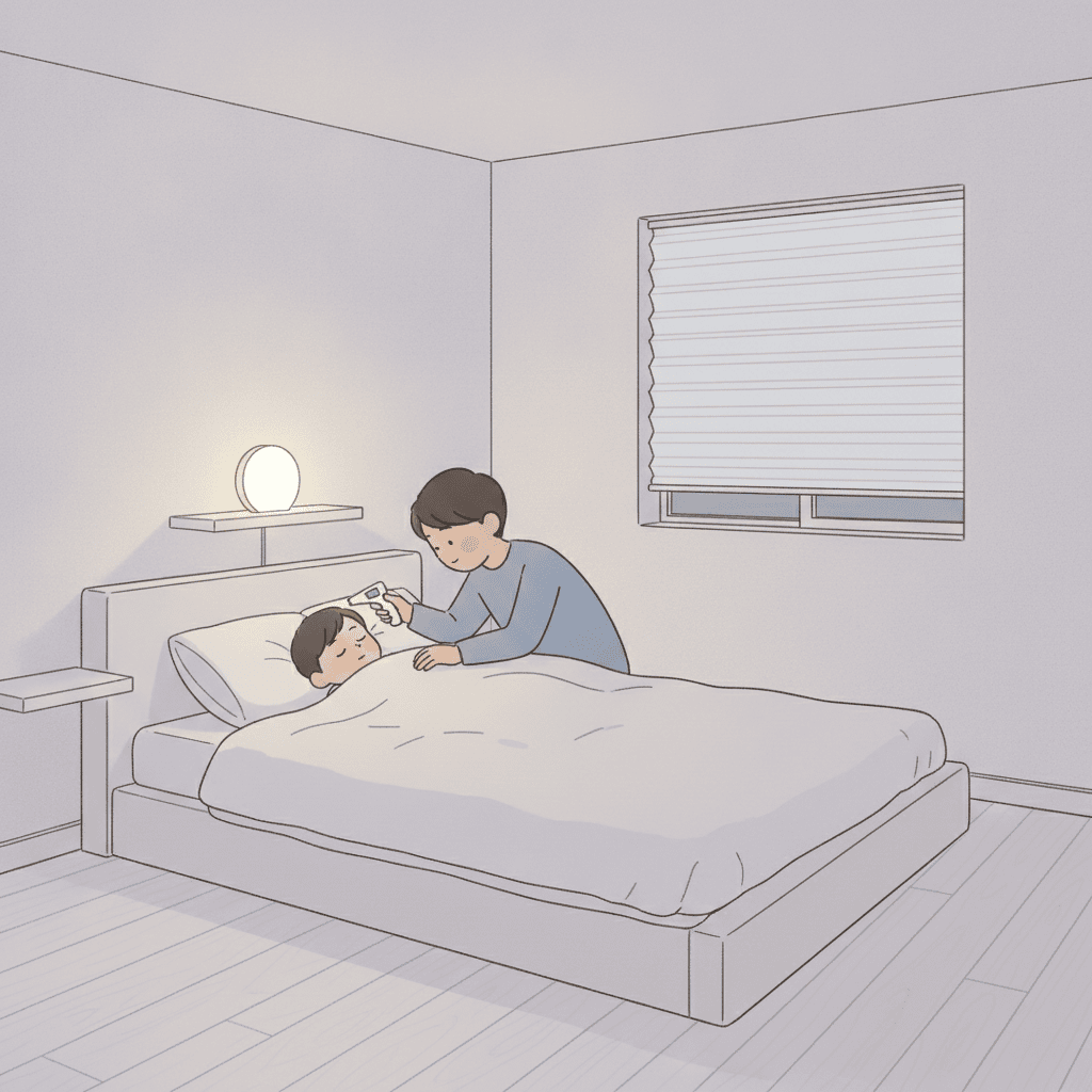 暗めの寝室で、眠る子どものそばから体温計を額に近づけている様子をやさしく描いたイラスト