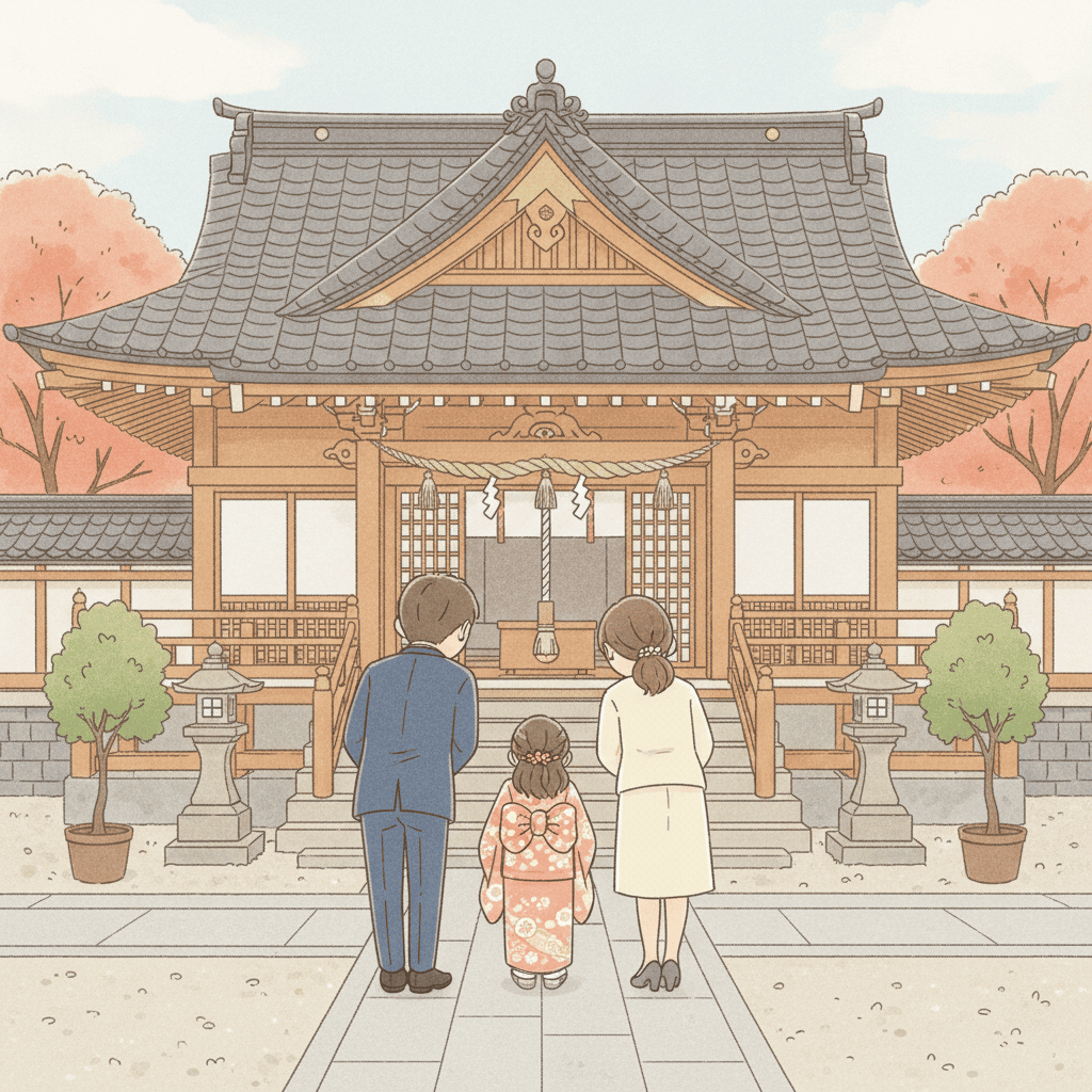 神社の拝殿の前で、七五三の晴れ着の子どもと両親が静かに頭を下げている後ろ姿。文字は入れない