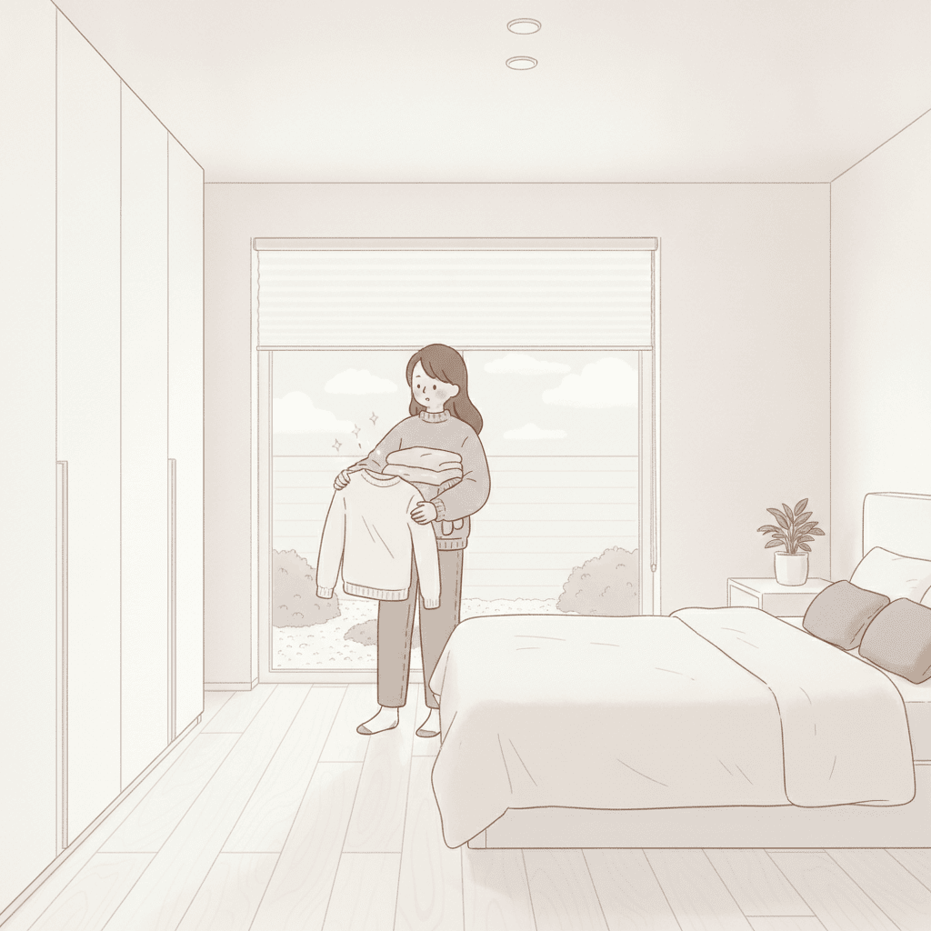 乾燥した空気の中で、服とセーターがこすれて小さな火花が散る様子を表した、やさしいタッチのイラスト