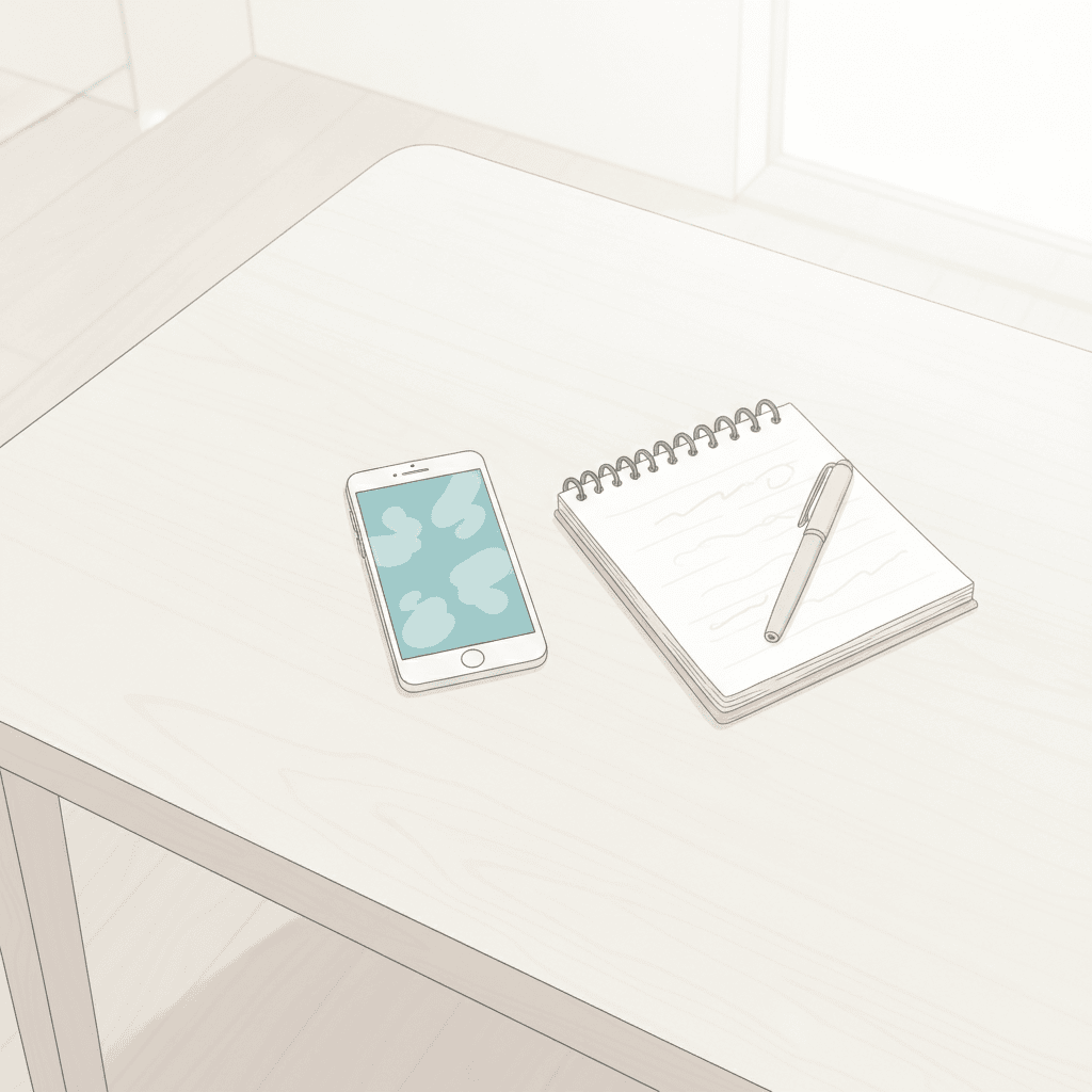 テーブルの上に、スマートフォンとメモ帳とペンが置かれている、上から見たイラスト。文字は描かない