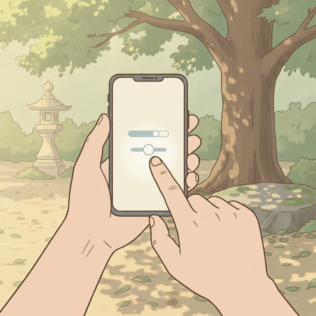 境内の木漏れ日の中で、スマートフォンの画面をタップして明るさを調整している手元のイラスト。文字は描かない
