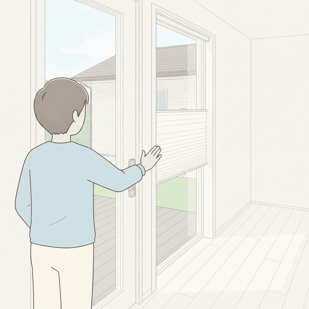 手のひら全体でドアノブに触れようとしている人物の後ろ姿のイラスト