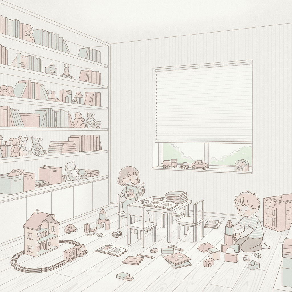 おもちゃや絵本があふれそうな子ども部屋のイラスト。収納棚はいっぱいで床にもおもちゃが広がっている