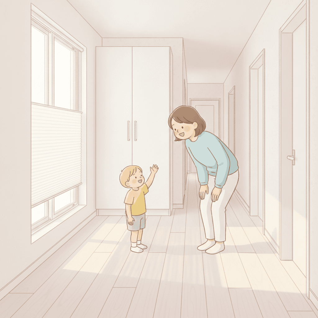 廊下の途中で、親と子どもが笑顔であいさつをしているイラスト。一条工務店風の明るい廊下