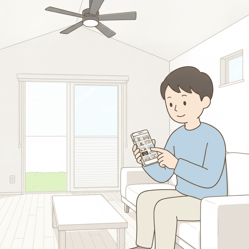 スマホの画面にたくさんの動画クリップが並んでいて、父親がそこから短い場面を選んでいる様子のイラスト。人物は頭から胴体まで描く。文字は入れない