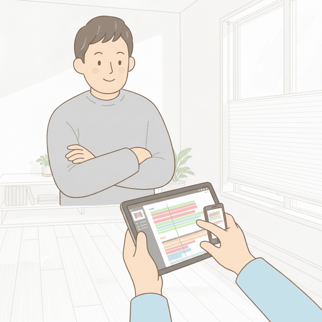 スマホとタブレットを並べて、動画編集アプリでクリップをつないでいる手元と、それを見守る父親の上半身のイラスト。腕と袖が画面の端までつながっている。文字は入れない