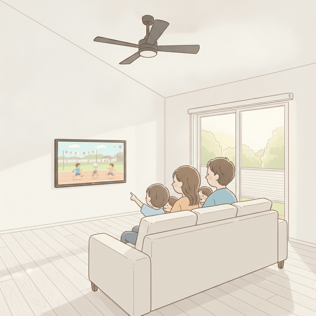 リビングのテレビに運動会の動画が映っていて、家族がソファに座って見ている温かい夕方のイラスト。人物は頭から胴体まで描く。文字は入れない