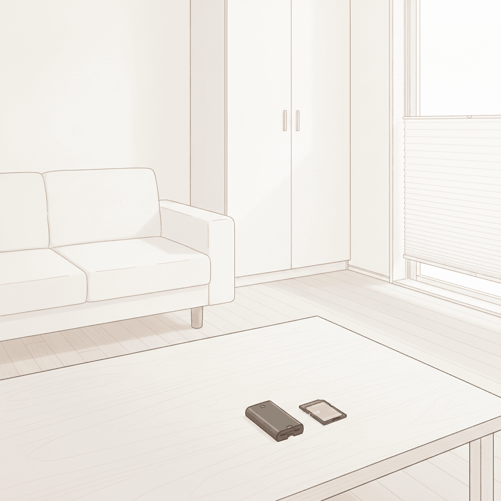カメラのバッテリーとSDカードが、白い木目のテーブルの上に並べて置かれているイラスト。文字は入れない