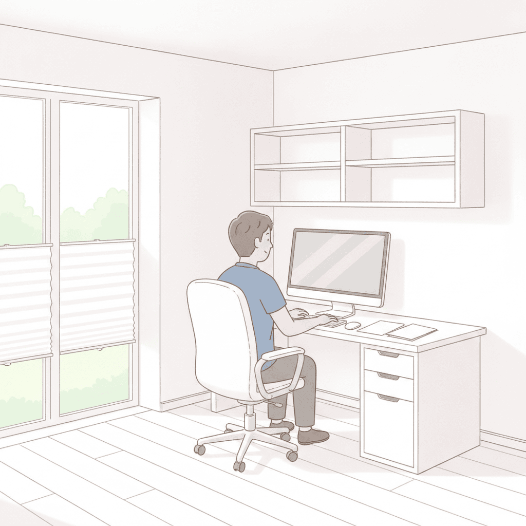 白い壁と白っぽい木目の床の書斎で、男性が机に向かってパソコンで作業している。人物の斜め後ろから見た構図。机の上にモニター、人物は頭と胴体を含む一人の人として描く。窓が少し開いている。ストーブは描かない