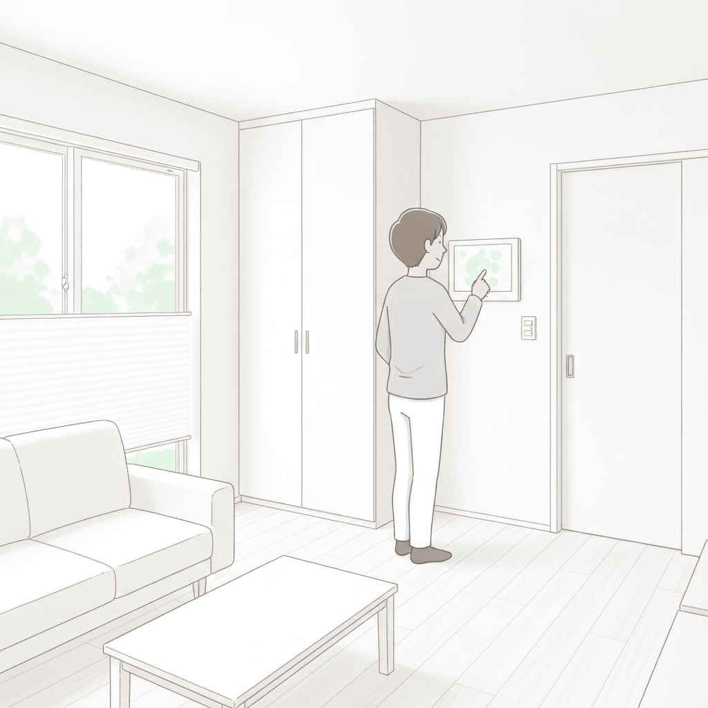 壁の操作盤に向かって設定を確認している人物の後ろ姿。人物の斜め後ろ・肩越しの構図で、頭と胴体を含む一人の人として描く。白を基調とした明るい室内。画面の文字や数字は描かない