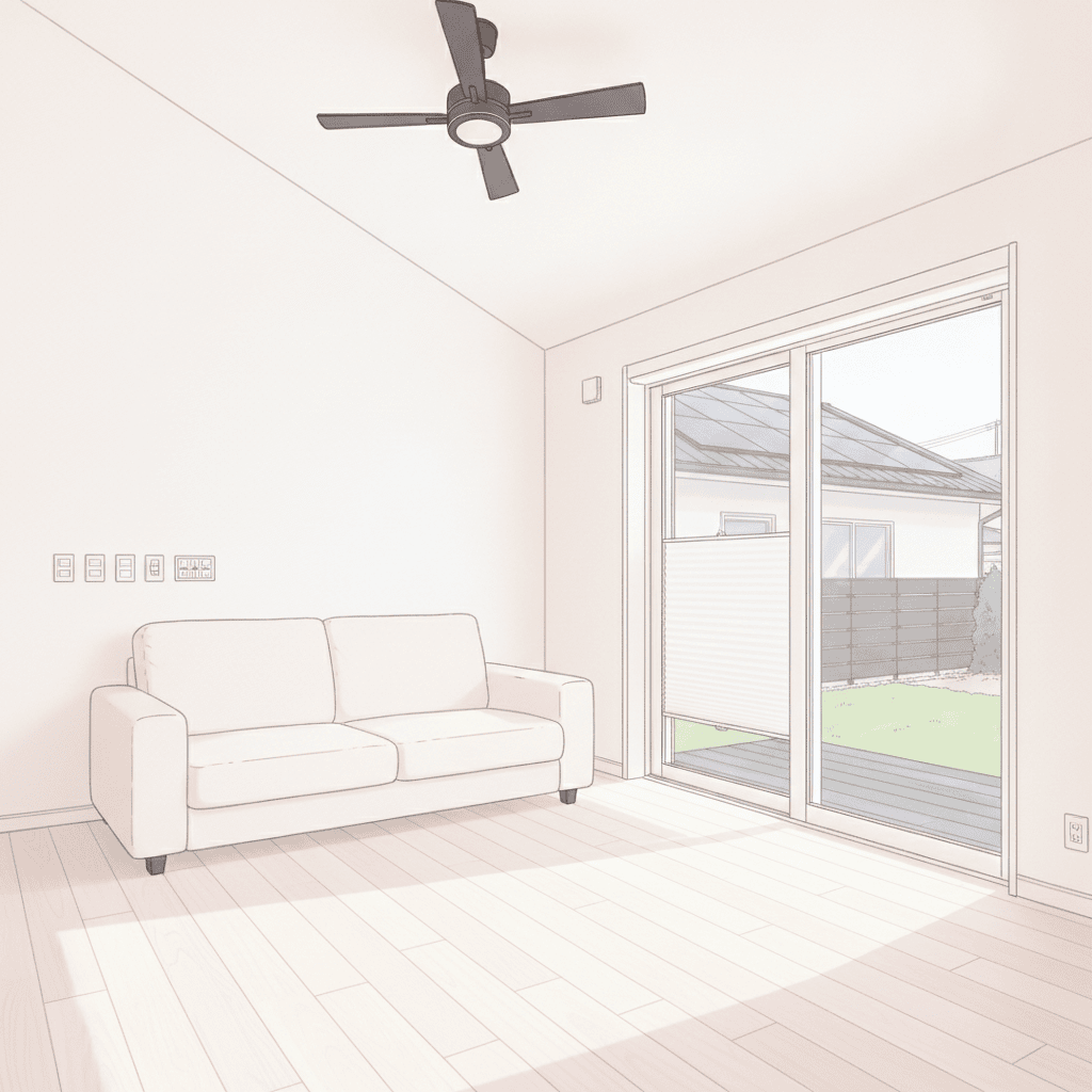 平屋のリビングの壁に並ぶコンセントを、少し引いた位置から描いたイラスト。ソファと掃き出し窓が見える