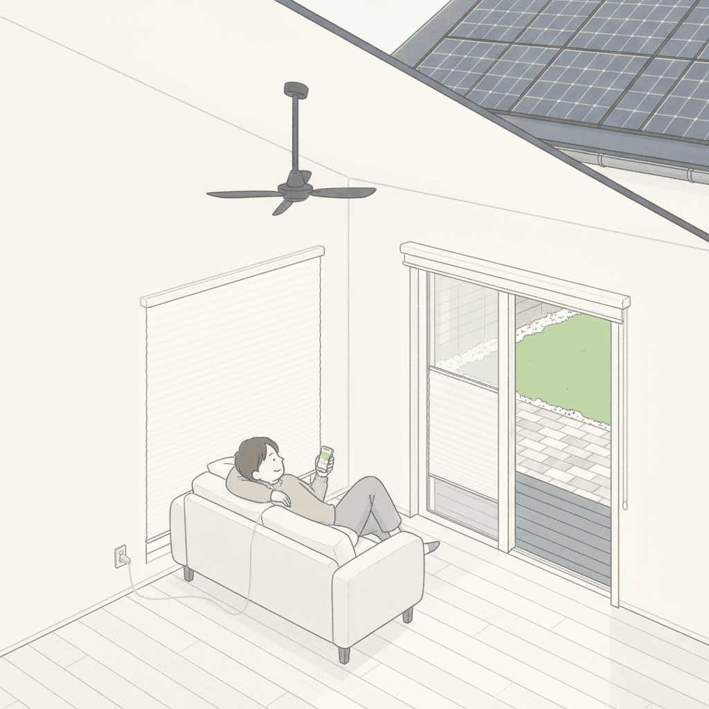 掃き出し窓の近くのソファで、寝転がってスマホを充電している人物を斜め後ろから描いたイラスト。リビングは洋風のシンプルモダン