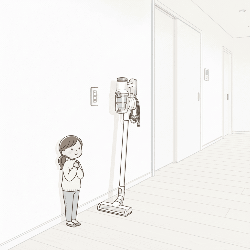 廊下の壁にある使われていないコンセントと、壁に立てかけられたコードレス掃除機のイラスト。洋風のシンプルモダン